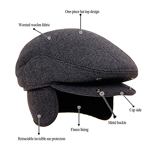 MSFGJZM Men Fall Winter Peaked Flat Cap Newsboy Cap Beret Hat with Adjustable Earmuffs Grey Worsted (L/59cm)