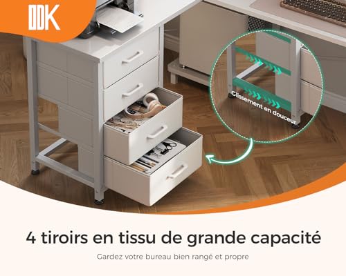 ODK Biurko narożne z szufladami, biurko w kształcie litery L z gniazdkami elektrycznymi i portem ładowania USB, odwracalne biurko z miejscem do przechowywania do domowego biura, białe, 135×100 cm