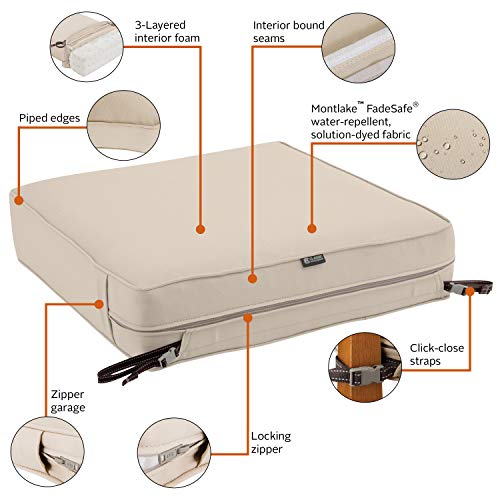 Classic Accessories Montlake Fadesafe Water-Resistant 25 X 25 X 5 Inch Outdoor Seat Cushion, Durable Patio Furniture Cushion With Straps,Antique Beige, Outdoor Cushion Cover #TOP5