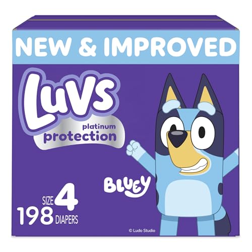 Luvs Size 4 Baby Diapers, Platinum Protection Bluey Diapers for Day & Night, Size 4, 198 Count (Packaging May Vary)