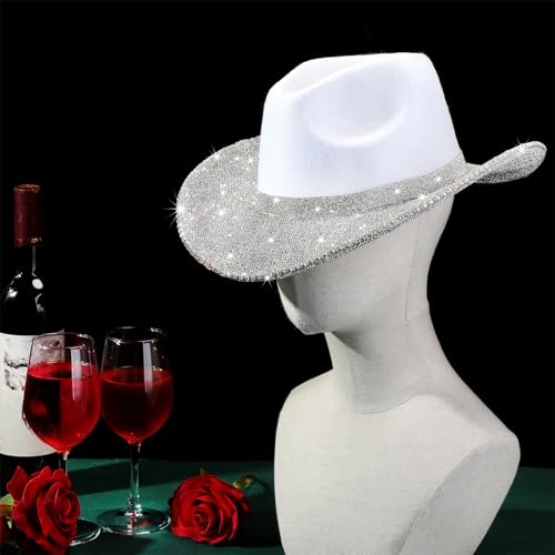 Image of Hercicy Rhinestone Cowboy Hat with Diamond Fringe CowHat for Cosplay Wedding circumference between 21.5 and 23.5 inches