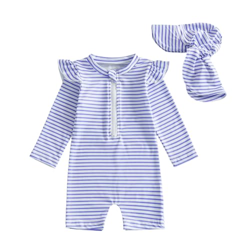 Dazzerake Ensemble Maillot de Bain Bébé Fille, Maillot Une Pièce avec Chapeau, Maillots de Bain 2 Pièces à Manches Longues avec Fermeture Éclair (Violet, 6-12 Months)
