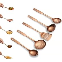 Amco 5-Piece Stainless Steel Cooking Utensil Set, Copper Finish - Includes Kitchen Ladle, Slotted Turner, Skimmer, Solid Spoons - 14" with Hanging Holes for Easy Storage, Durable Kitchen Gadgets