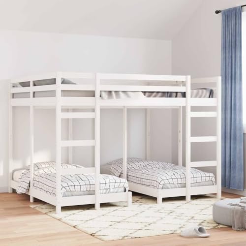 Molumvel Litera triple de 160 x 200 cm de madera de pino maciza, litera blanca para 4 personas, espacio para dormir para invitados y habitaciones infantiles, con escalera y barandilla de seguridad