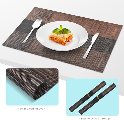 Image of Washable PVC Heat Resistant Colorful Place Mats for Kitchen Dining Table Mates Washable Heat-Resistant for Dining Table (Brown & Black, Pack of 6)