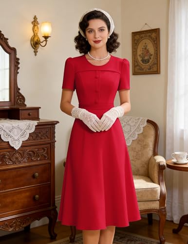 Image of Wedtrend 1950's Vintage Dresses for Women Modest Church Dress with Pockets Short Sleeve Tea Party A-Line Cocktail Dresses