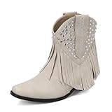 Botas vaqueras occidentales para mujer con borla y bordado, puntera cuadrada, tacón grueso, zapatos de invierno, beige, 38.5 EU