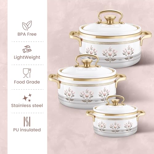 Image of Nayasa Rachel Casserole- Big Set of 3, 1000, 1500, 2000 ML | BPA Free | Food Grade | Easy to Carry | Easy to Store | Hot Pot for Kitchen | Roti Box | White