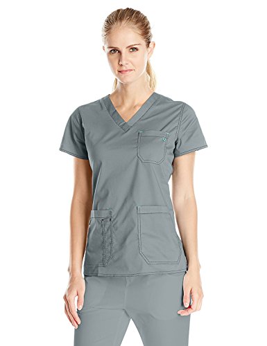 Med Couture Signature MC2 Women s V-Neck 3 Pocket Top, Steel, Large