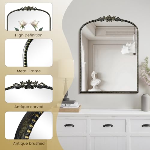 Image of WallBeyond Black Vintage Mirror for Vanity 24x32 Inch, Black Antique Mirror with Ornate Frame, Arched Vintage Wall for Bathroom, Living Room, Fireplace, Entryway
