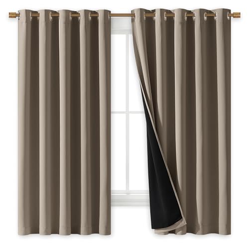 Image of NICETOWN 100% Blackout Curtains with Black Liners, Thermal Insulated Full Blackout 2-Layer Lined Drapes, Energy Efficiency Window Draperies for Bedroom (Taupe, 2 Panels, 70-inch W by 63-inch L)
