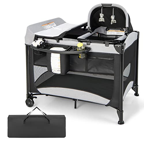DREAMADE Reisebett Baby mit Matratze, Beistellbett mit Wiege & Wickelauflage, Babybett Set für Neugeborene & Baby bis 36 Monate,110 x 78 cm