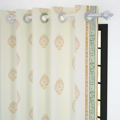 Image of Story@Home Cotton Curtain | Curtains 8 Feet Long Set of 2 | Motif Printed | Bohemian Curtain | Room Darkening Curtain | Semi Long Door Curtains for Living Room | (116 X 242 Cm, Mustard Yellow & Beige)