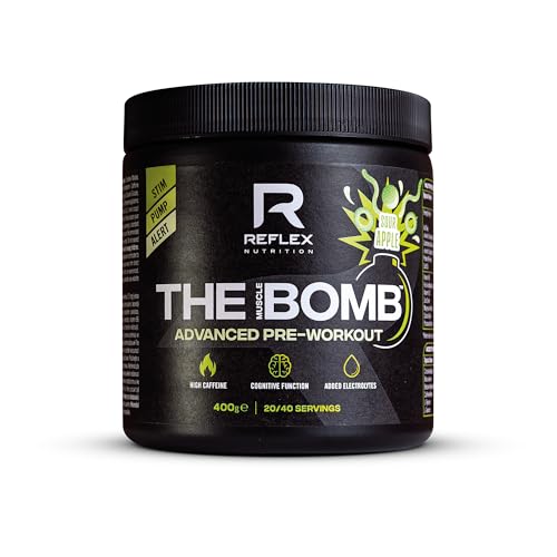 Reflex Nutrition The Muscle Bomb Caffeine Pre Workout Powder - 350mg Caffeine, 9g Citrulline Malate, 2.5g Beta Alanine - Energy, Pump & Focus for Explosive Workouts (Sour Apple, 400g, 20 Servings)
