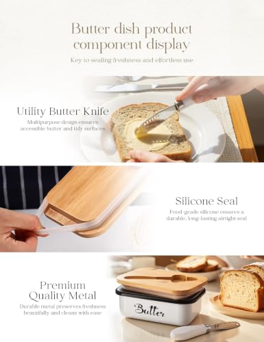 AISBUGUR Metal Butter Dish with Lid & Silicone Seal for Countertop White - Image 6