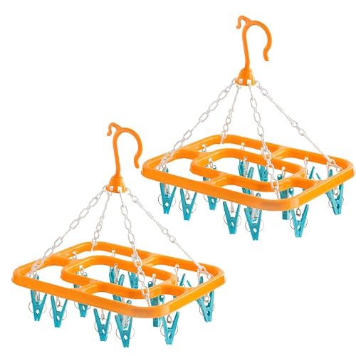 HOMESHOPA Socks Drying Rack, Plastic 18 Peg Laundry Drying Hanger Washing Line, Windproof Clip Drip Hanger for Underwear Baby Clothes Gloves Hats, Portable Indoor Outdoor Hanging Dryer (Orange_2 Pack)