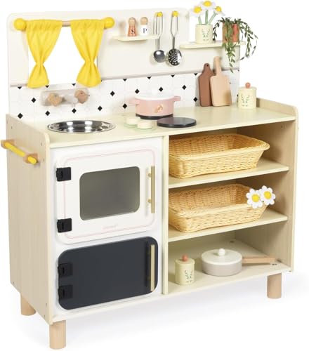 Janod - Grande Cuisine Enfant en Bois - Équipée avec 2 Fours, Évier et 16 Accessoires Inclus - Boutons Rotatifs Sonores - Jouet Imitation et Eveil - Dès 2...