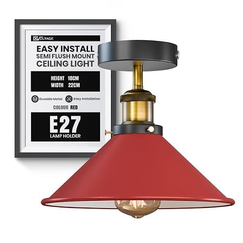 Image of DC VOLTAGE Industrial Semi Flush Mount Ceiling Light with Metal E27 Fitting 22cm Red Cone Lamp Shade Lighting Fixtures for Bedroom Livingroom Hallway with Bulb