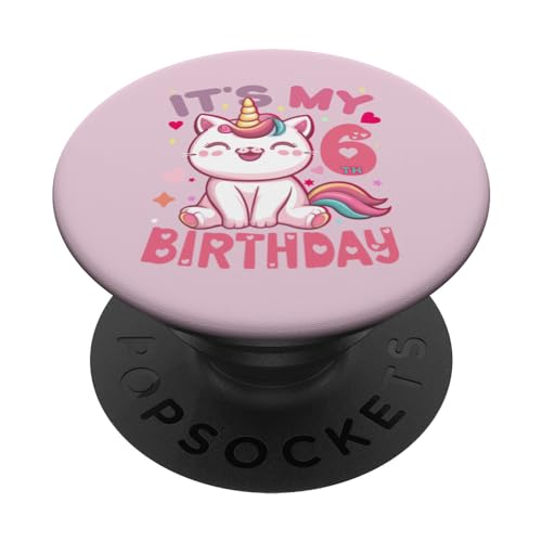 It's My 6th Birthday For Girl 6 Years Old, Cat, Unicorn Party PopSockets PopGrip Intercambiable