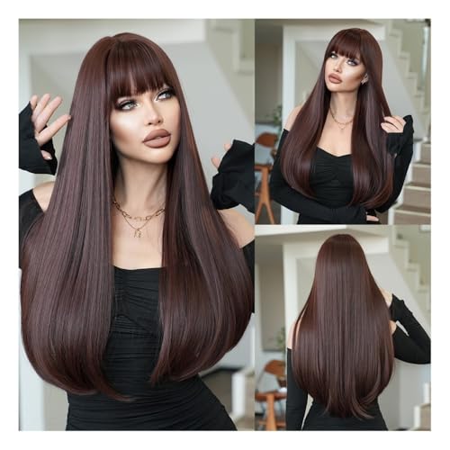 Perruques cheveux humains lisses pour femmes avec frange marron moka et pointe bicolore violette