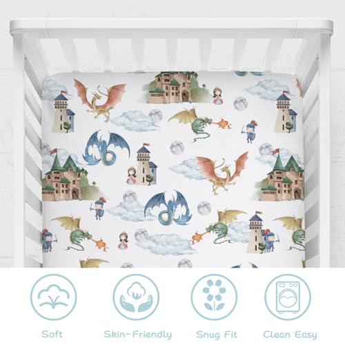 Image of Fairytale Dragons Castle Baby Crib Sheet 52''x28'' Cute Dragon Princess Knight Moon Clouds Stretchy Fitted Crib Mattress Cover for Boy Girl Bed Sheets for Standard Crib Toddler Mattress