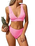 ZAFUL Womens V Neck Bikini Set High Waisted Crinkle Longline Plunge Triangle Bikini Two Piece Bathing Suits Pink