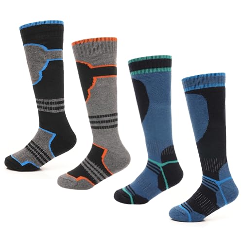 GM Apparel Boys Ski Socks Multipack of Kids Performance Long Thermal Socks for Skiing Snowboarding Hiking Outdoor Activities - 4 Pack (4-6 Years Blue + Grey)