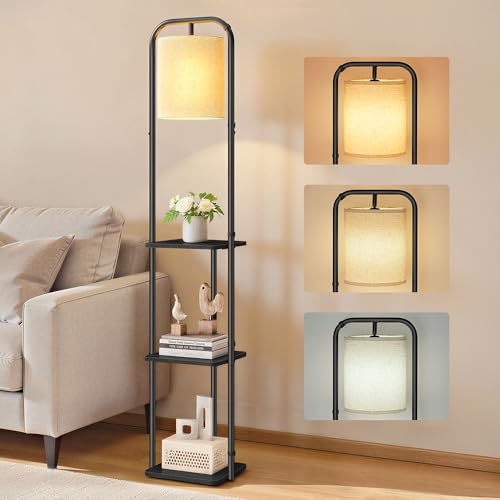 VASAGLE Stehlampe mit 3 Ablagen, Standleuchte, Stehleuchte, LED-Glühbirne inklusive, mit Fußschalter, Lampenschirm aus Stoff, für Wohnzimmer und Schlafzimmer, tintenschwarz LFL001BD02