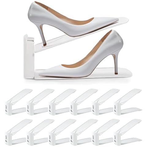 Ctrshif Shoe Slots Organizer, 4 Levels Adjustable Shoe Rack Double Layer Shoe Stack Sandals Holders - 50% Space-Saving, 12 Pack Shoe Stacker Holder for Closet, White Cover