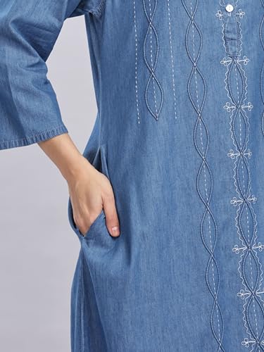 Image of 9shines Label Comfortable Cotton Denim Finish Nightdress for Women with Button Placket and Pocket(9SDLSS)