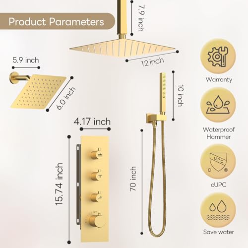 Image of Shower Faucet Set,Thermostatic Shower System Brushed Gold,12 Inch Ceiling Mounted and 6 Inch Wall Mount Rain Shower Head with 2 in 1 Handhled,High Pressure Dual Shower Head Combo Set
