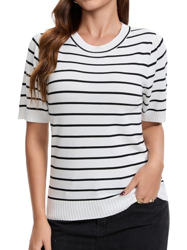 Image of Women Striped Short Sleeve Sweater Crew Neck Knit Top Pullover