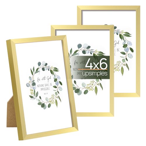 upsimples 4x6 Picture Frame Set of 3 Made of High Definition Glass for 4 x 6 Gold Frames Wall and Tabletop Display Thin Border Photo Frame for Home Dcor
