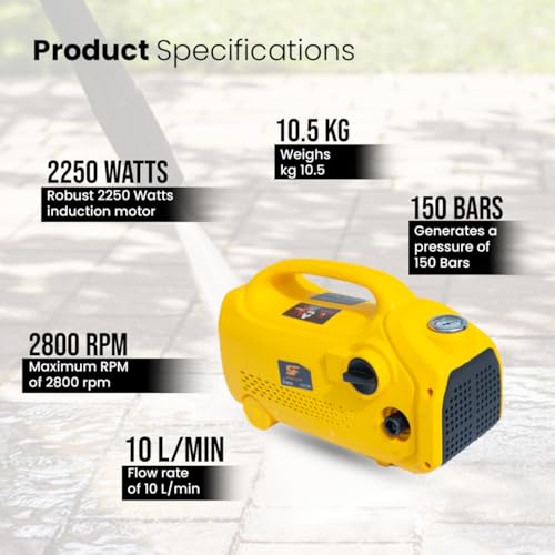 Image of SPEED FLOW 150 Bar Portable Car Washer, 2250 Watts Induction Motor, 10 L /Min Flow Rate, Auto Stop Technology, Pressure Gun & 8M Hose Pipe - Multipurpose Cleaning for Cars, Bikes, Home & Outdoor
