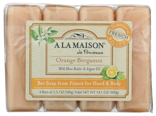 A LA MAISON Orange Bergamot Bar Soap - Triple French Milled Natural Moisturizing Hand Soap Bar (4 Bars of Soap 3.5 oz)