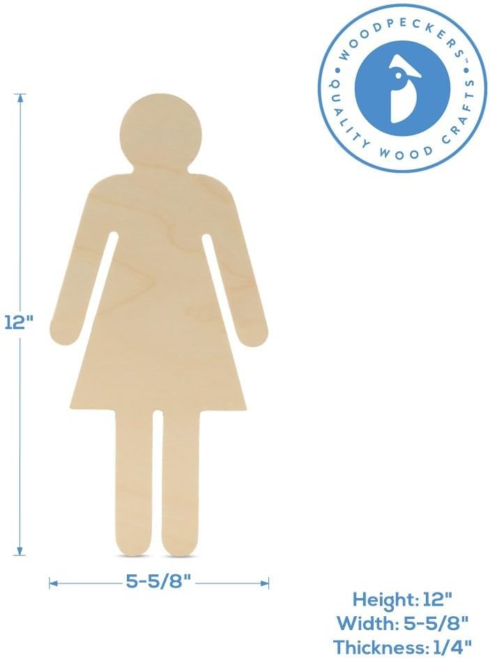 Female Stick Figure Cutouts 12 x 5-5/8-inch, Pack of 5 Unfinished Wood Crafts Blank, Wooden Shapes for Crafts/Decor, by Woodpeckers