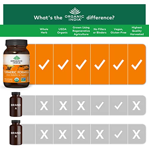 Organic India Turmeric Curcumin Herbal Supplement - Joint Mobility & Immune Support, Healthy Inflammatory Response, Whole Root Supplement, Trikatu, Usda Certified Organic, Non-Gmo - 180 Capsules #TOP3