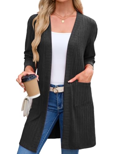 Image of iChunhua Open Front Longline Cardigans for Women UK with Pockets Black,XL