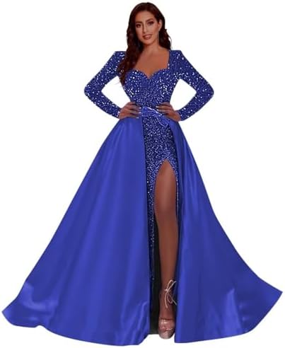 CWOAPO Long Sleeve Prom Dress with Slit Sequin Satin Ball Gown fo...