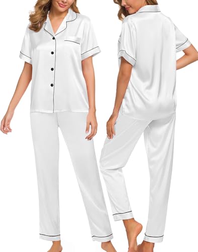 SWOMOG Women Satin Pajamas Set Short Sleeve Top & Pants Sleepwear Silky Button Down Nightwear 2pcs Loungewear Pjs Set White Large