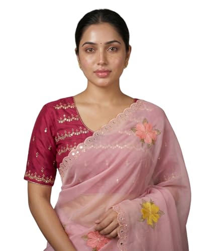 Image of Handcrafted Floral Embroidered Saree with Contrast Blouse