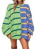 Fisoew Womens Striped Pullover Sweater Crew Neck Long Sleeve Knitted Color Block Casual Loose Lightweight Sweaters for Women