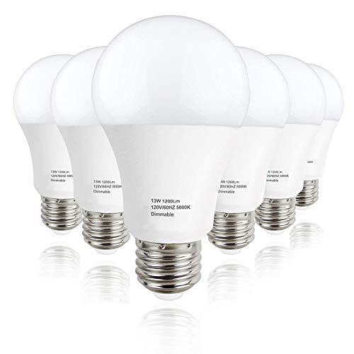 LAKES A19 LED Bulb Dimmable, E26 Base Light Bulb 13W (100W Equivalent), 1200 Lumens, 270° Beam Angle, 5000K Daylight White, 6-Pack