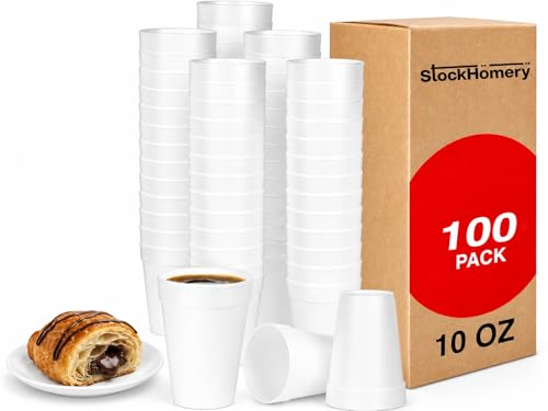 StockHomery 10 Oz Foam Cups Lightweight Insulated Foam Cups for Coffee Cold Drinks Other Hot Beverages - Disposable Drinking Cups for Parties Picnic BBQ Travel Events (100 Pack)