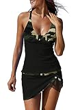EVALESS Plus Size Tankini Bathing Suits for Women 2 Piece Printed Patchwork Sexy Strappy Tummy Contr