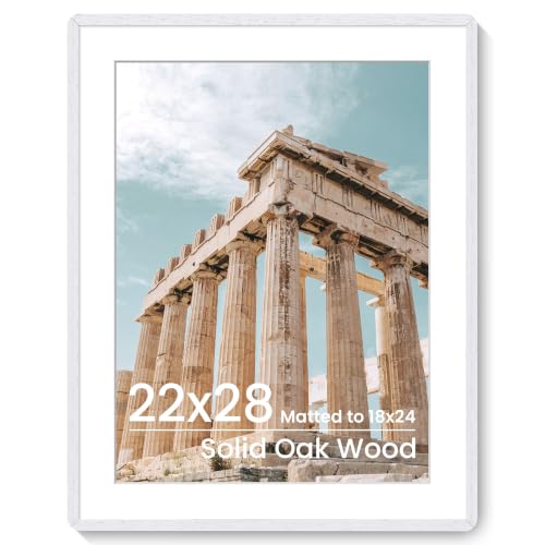FLYJOE 22x28 Poster Frame | Solid Oak Wood Picture Frame With Mat For 18x24 | Tempered Glass and Hanging Hardware Included | Puzzle Frame (White, 1 Pack)