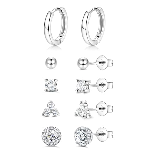 JeweBella 5 Pairs Silver Earrings for Women Hypoallergenic White Gold Plated Stud Hoops Earrings Set Dainty Studs Huggies Earings Sterling Silver Post Stud Hoop Earrings Sets for Multiple Piercings