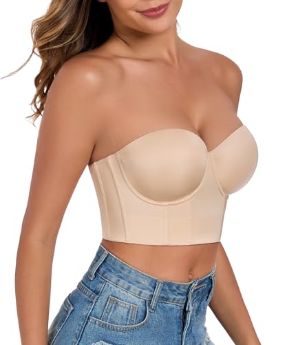 Lemorosy Women's Longline Strapless Bra Full Coverage Bustier Anti Slip Underwire Full Figure Plus Size Corset Top