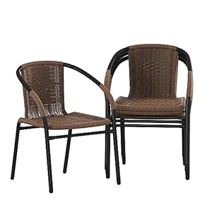 Flash Furniture Lila Modern Rattan Indoor/Outdoor Stackable Dining Chairs, Stacking Rattan Bistro Chairs for Patio or Restaurant, Set of 4, Brown
