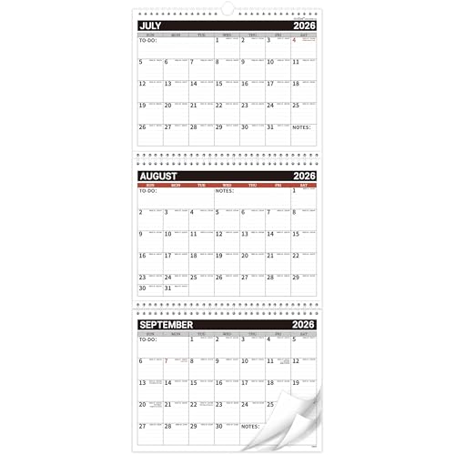 Calendar 2026-2028 - 3 Month Wall Calendar Vertical(Folded in a Month), JUL 2026 - JUN 2028(24 Months), 11" x 25.3", 2 Year Calendar 2026-2028, 3 Month Calendar 2026-2027 with To-do, Notes - Black red